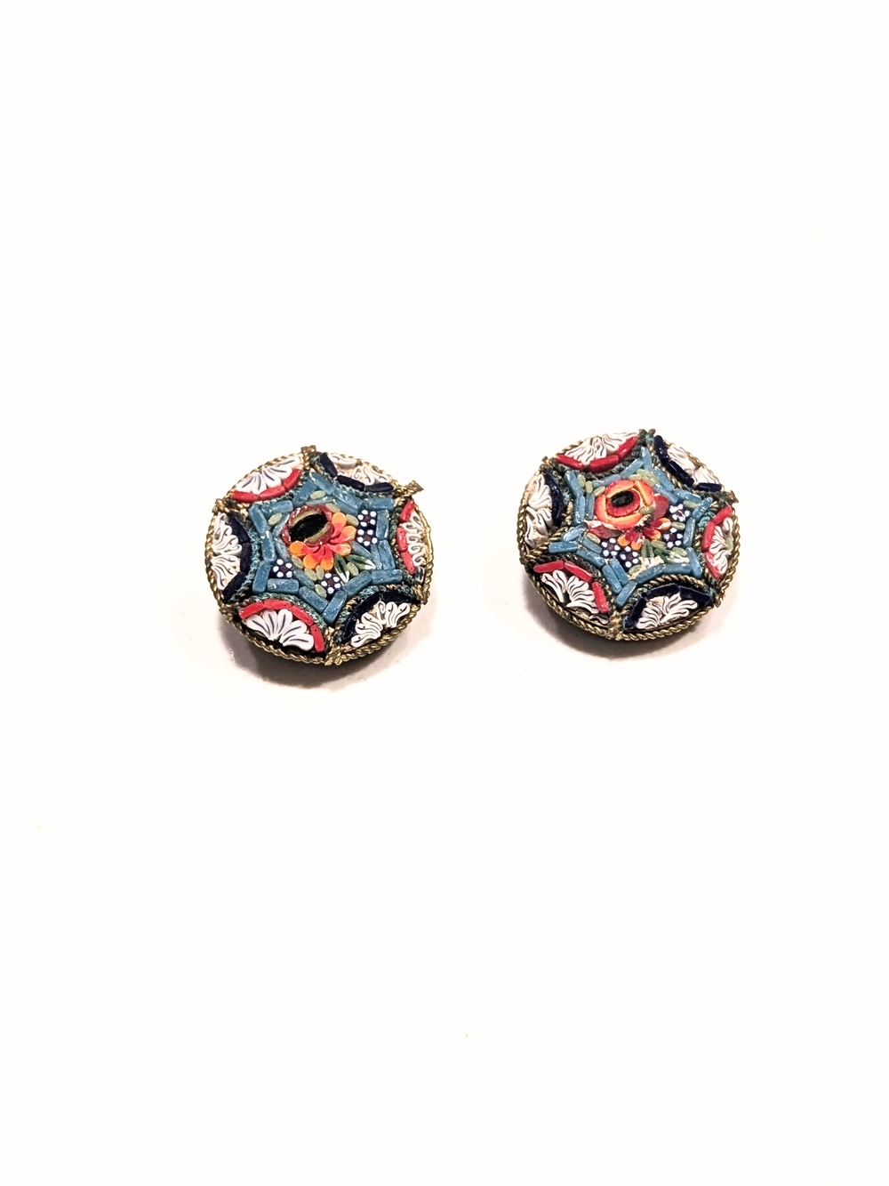 Vintage Blue, Red and White Floral Mosaic Italy Clip-On Earrings